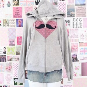 y2k mustache heart zip up hoodie grey size L
